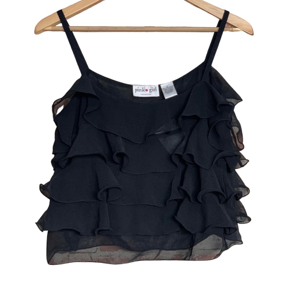 PINK GIRL Cami Black Cropped Sheer Tank Large Ruffle NWT Top